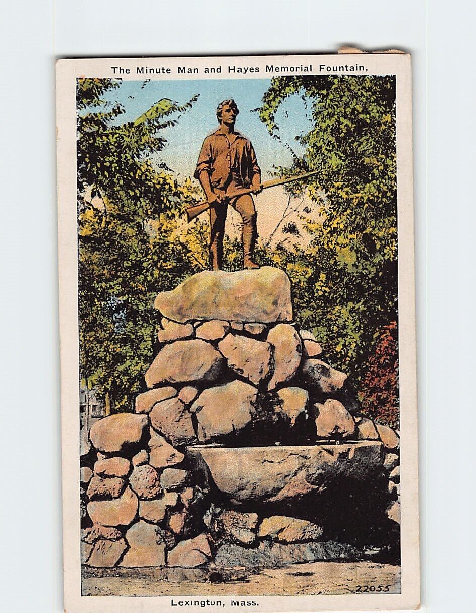 Postcard Minute Man and Hayes Memorial Fountain Lexington Massachusetts USA