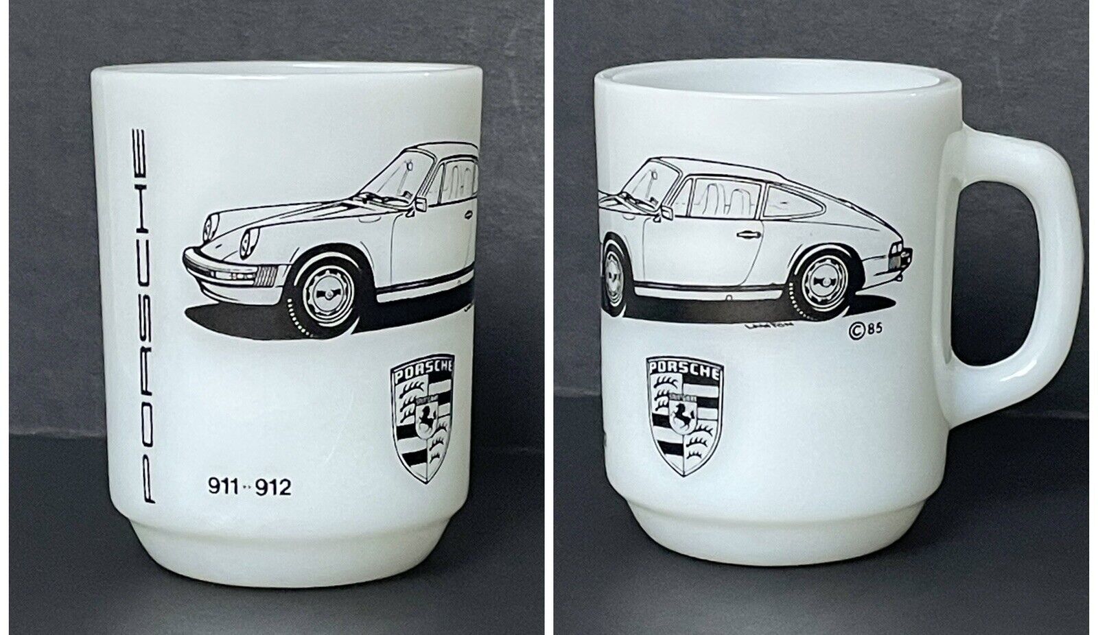 Vtg Rare Porsche 911 - 912 Sports Car Anchor Hocking Milk Glass Mug USA - Unused