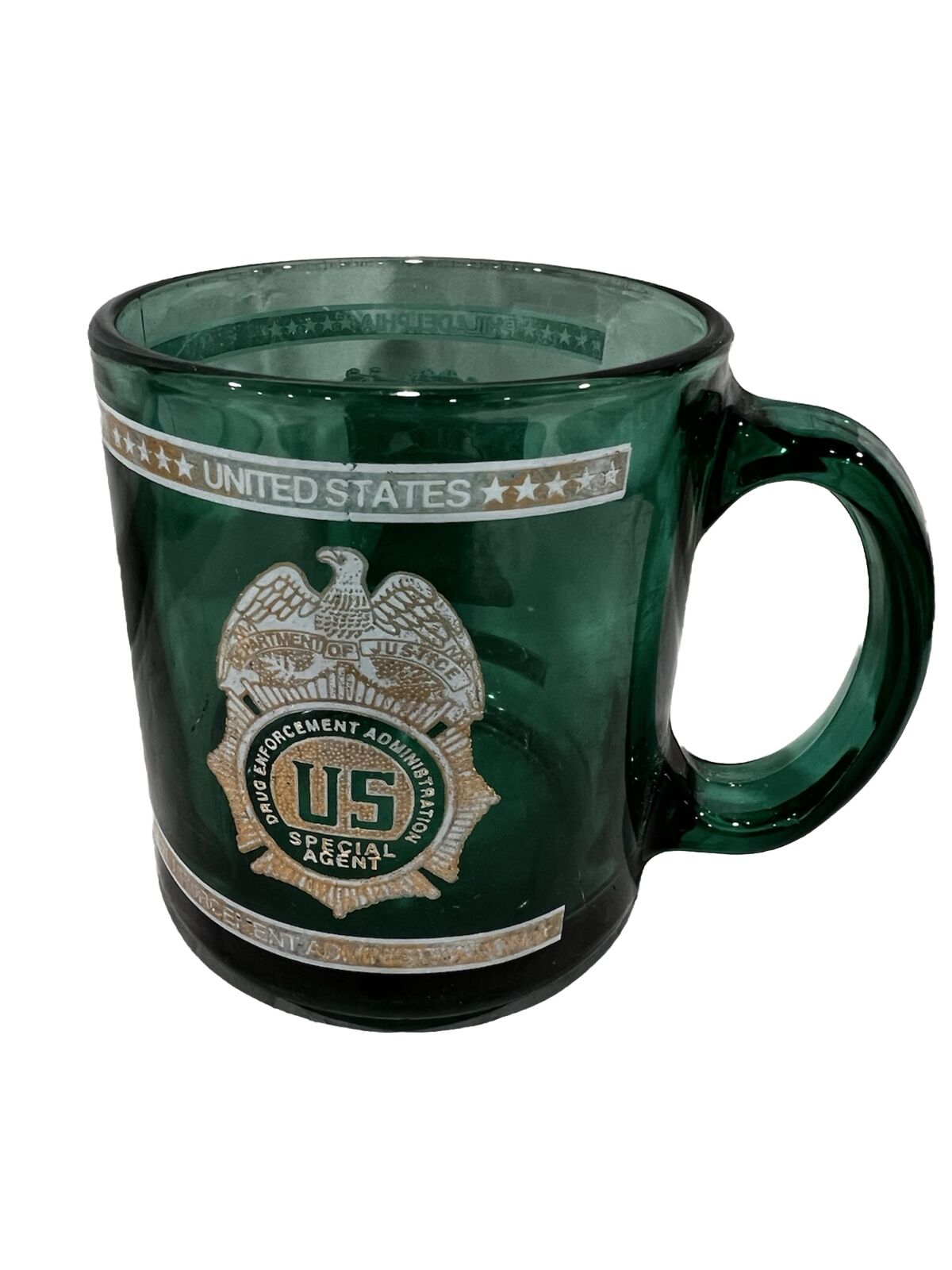 Drug Enforcement Agency DEA Green Glass Cup Mug Shield SPECIAL AGENT Phila 3.5”
