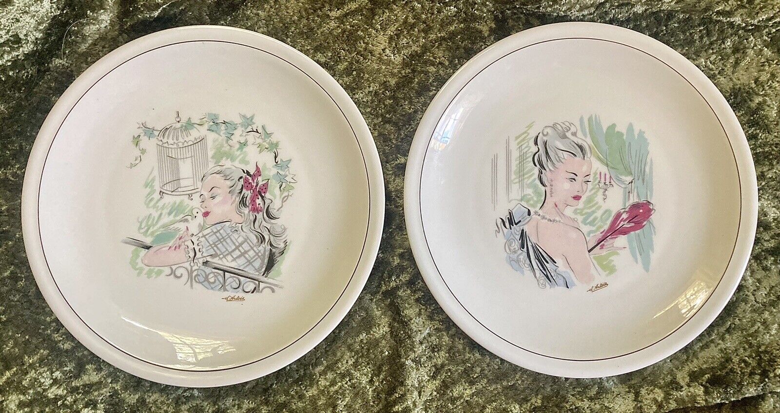 Vintage Ancienne Royal Limoges Glam Gals Artist Signed Decorative Plates
