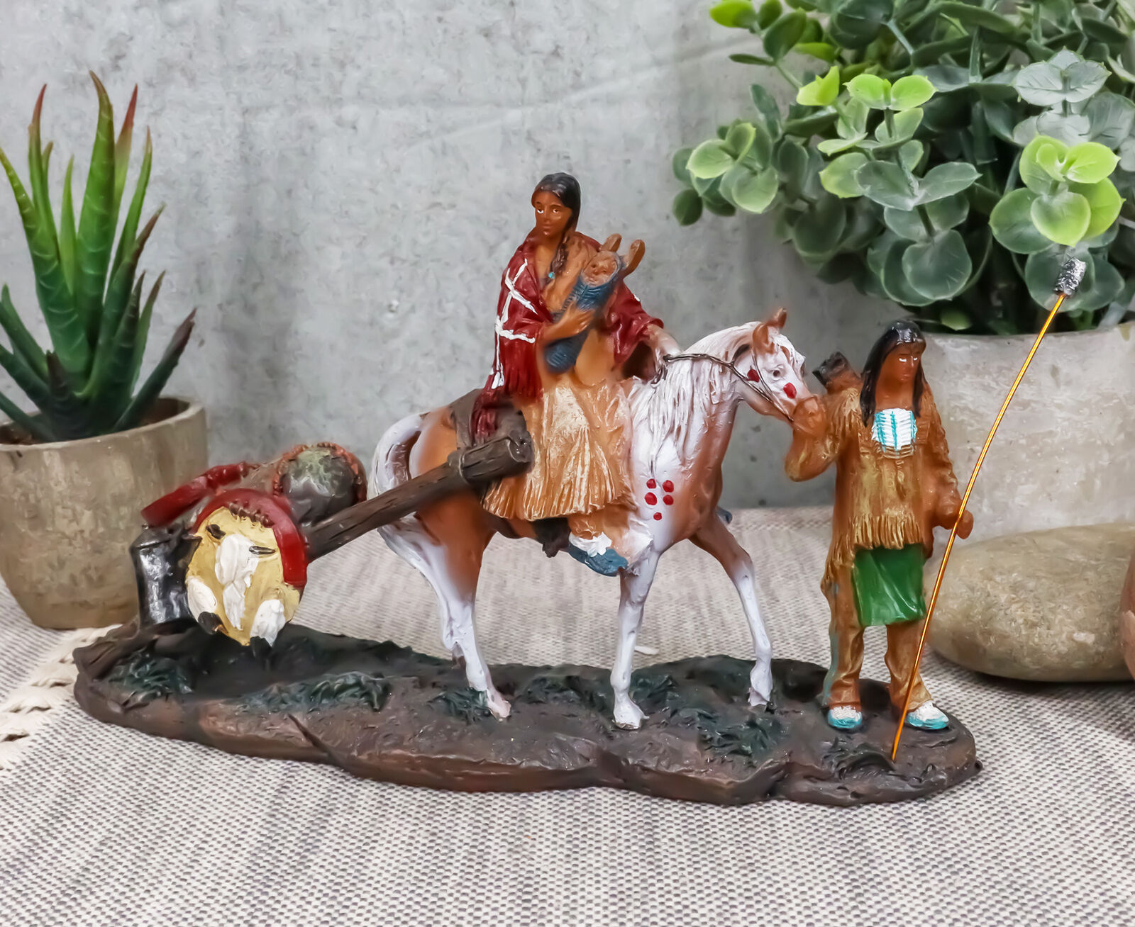 Native American Indian Aborigine Family Unit Pilgrimage With Horse Figurine