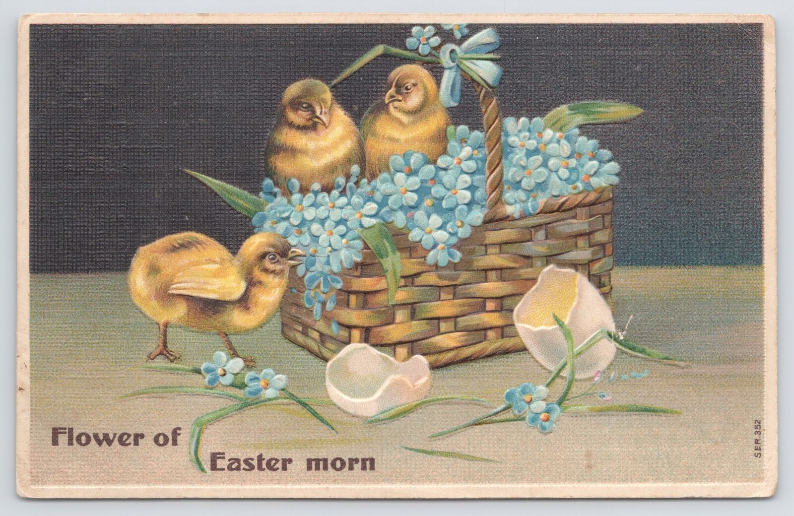 Linen~Flower Of Easter Morn~Chicks In Basket Of Forget Me Nots~Cracked Eggs~Vtg
