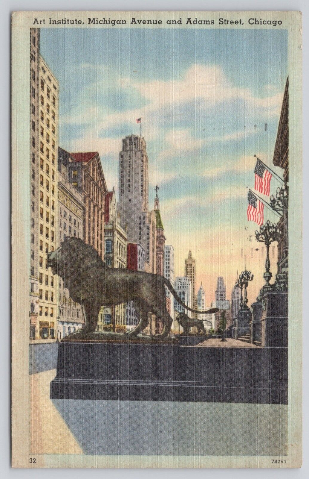 Chicago IL Lion Art Institute MIchigan Avenue and Adams Street 1944 Postcard
