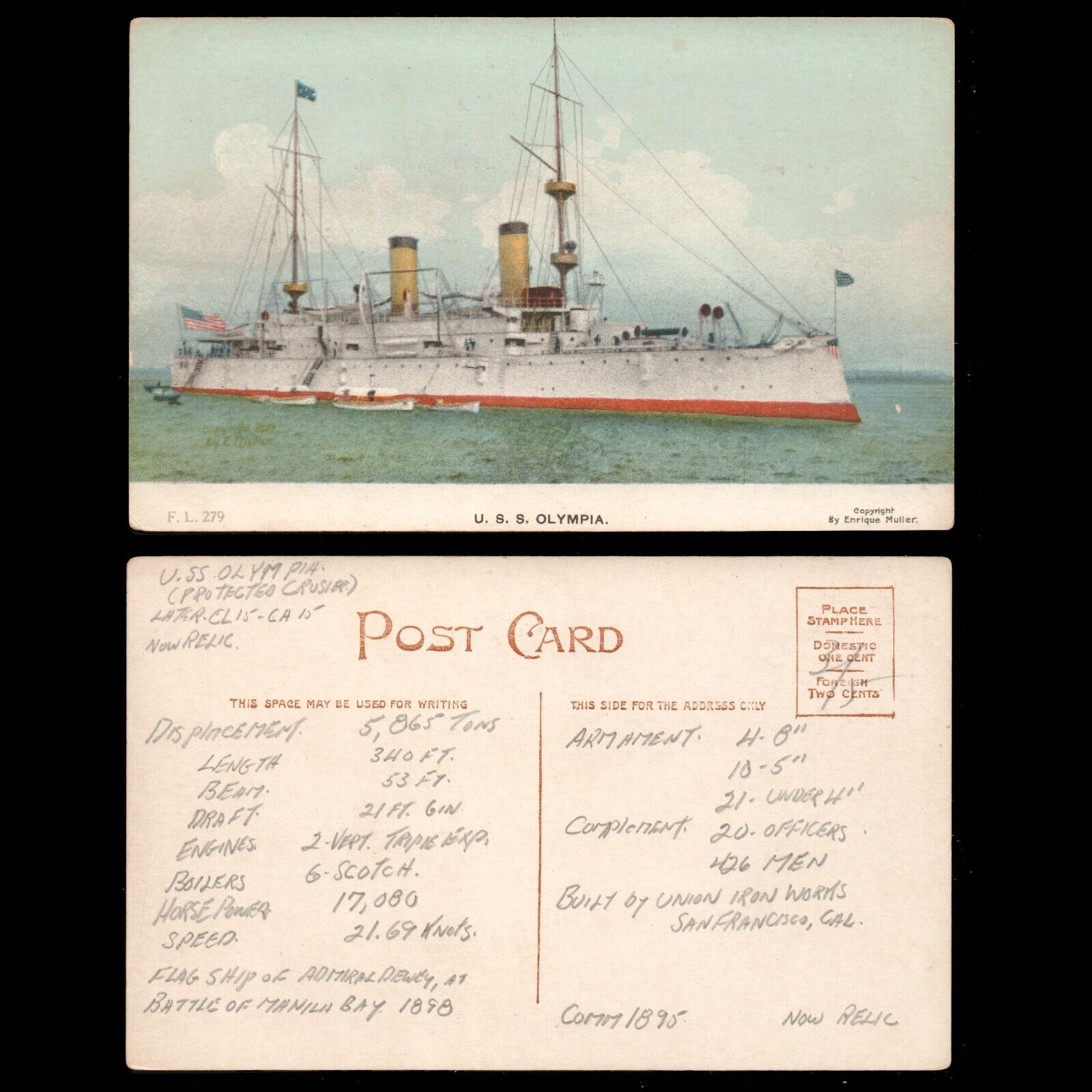 WWI US NAVY USS OLYMPIA Colorized UDB UNP Postcard of Enrique Muller Photo