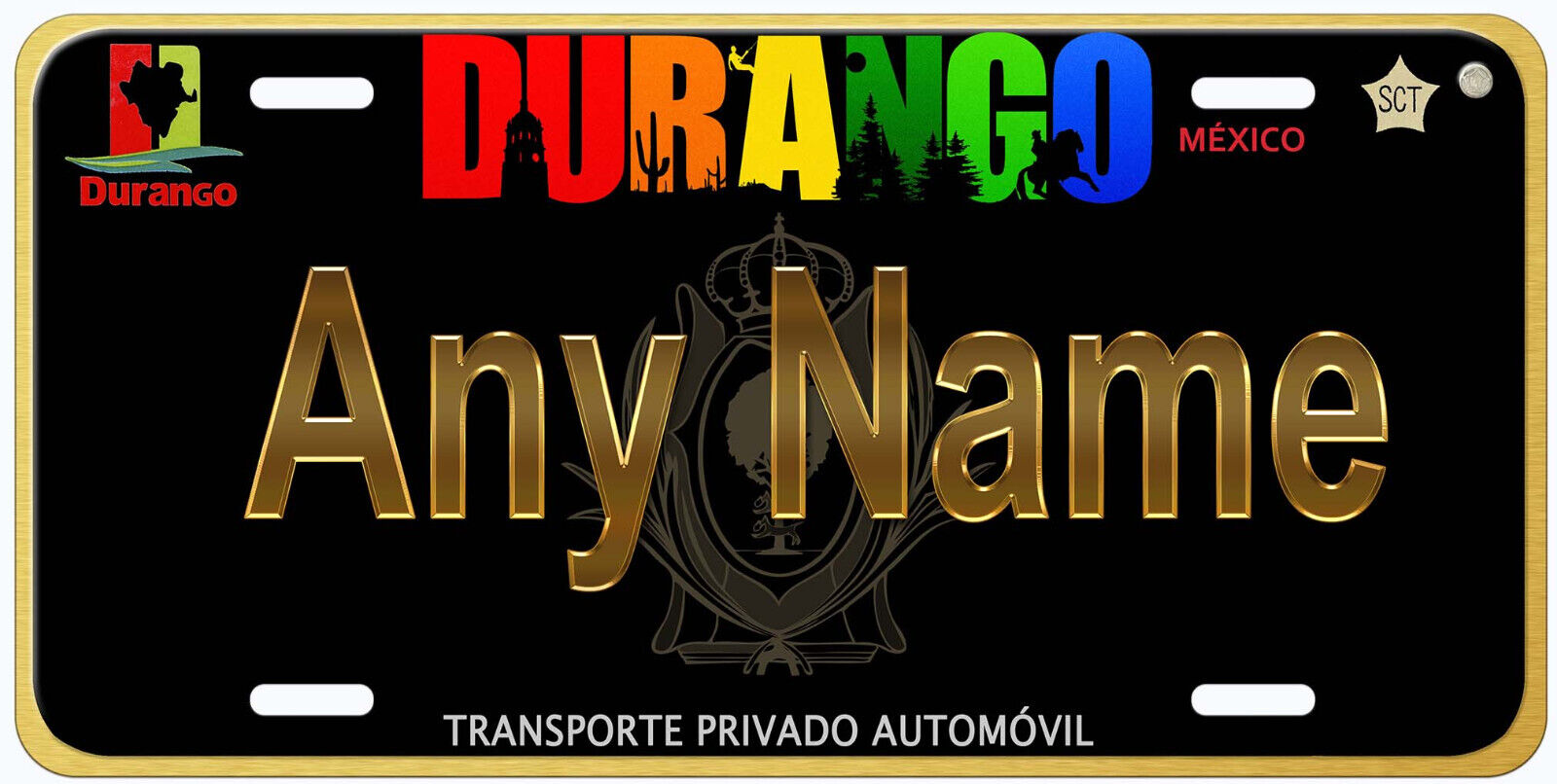 Durango Black Any Name Gold or Silver Text Mexico Novelty Car License Plate