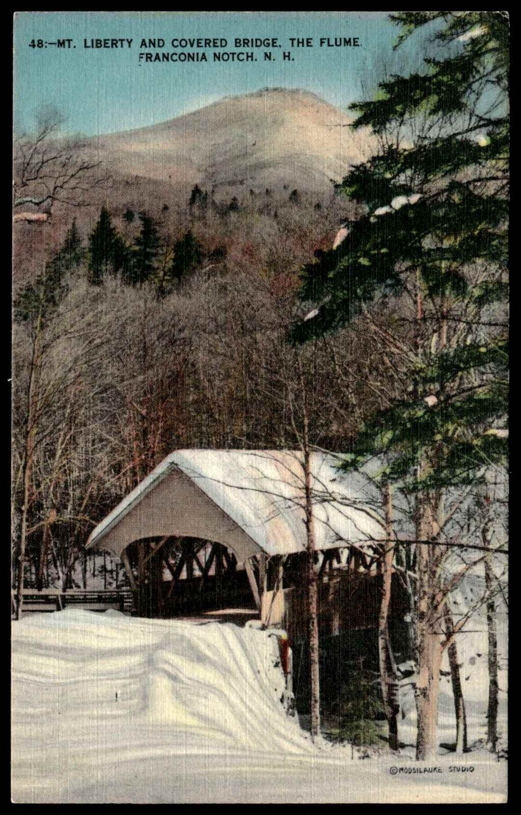 1930 Postcard Mt. Liberty & Covered Bridge The Flume Franconia Notch New