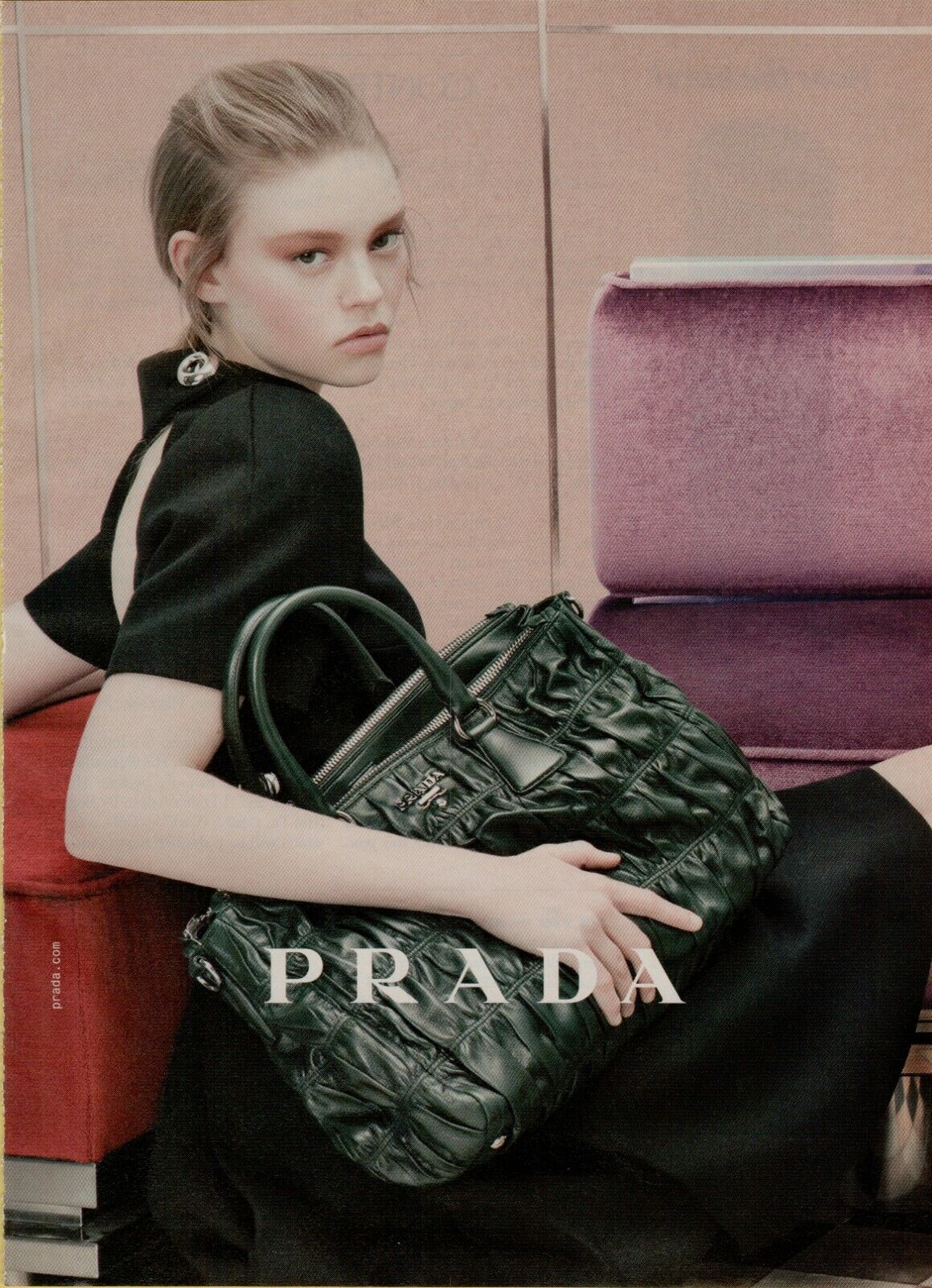 2012 Prada Black Bag Dress Blonde Model Fashion Photo Vintage Print Ad