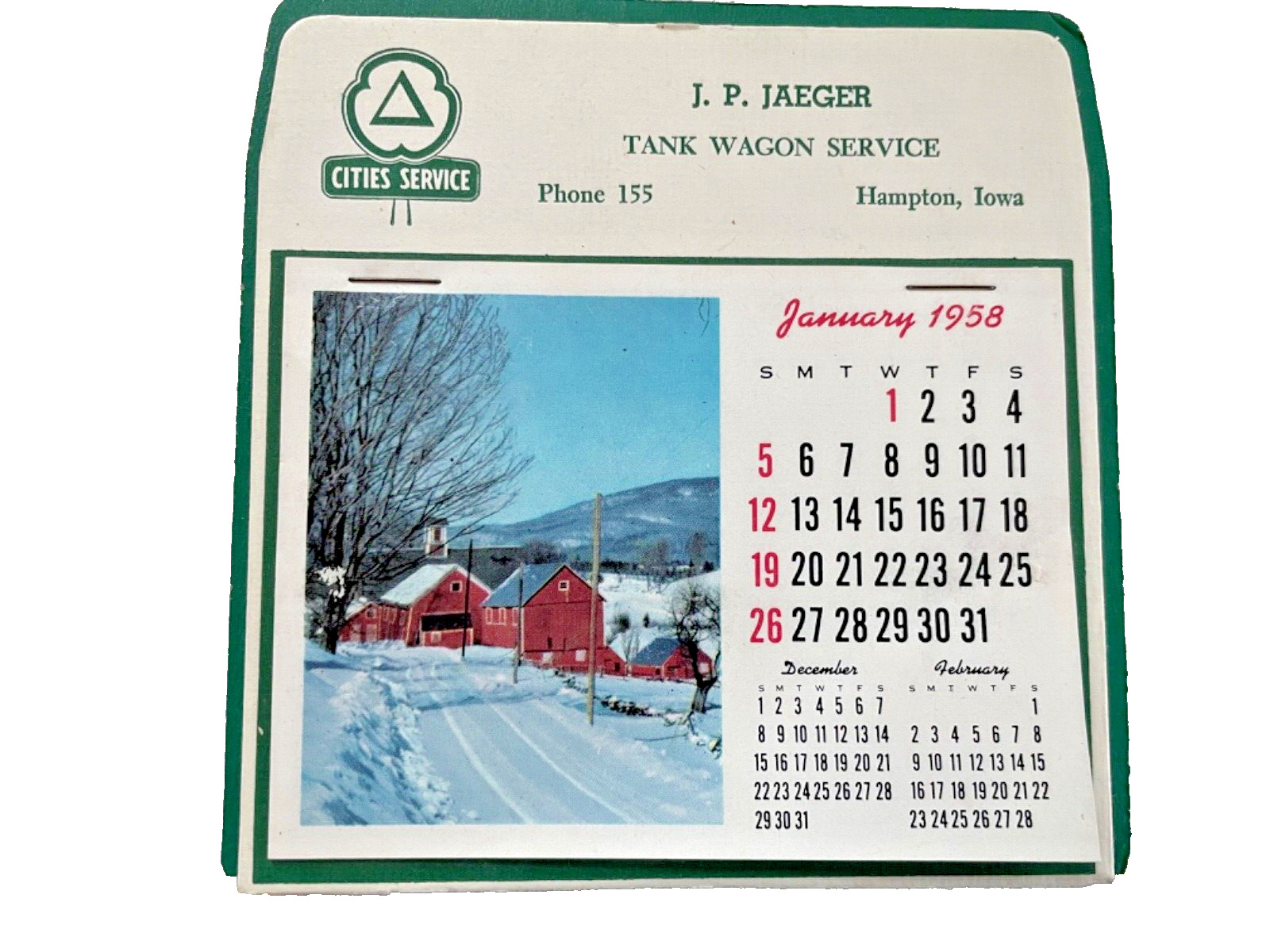Vintage 1958  Cities Service Oil Co Promotional Calendar J P Jaeger Hampton Iowa