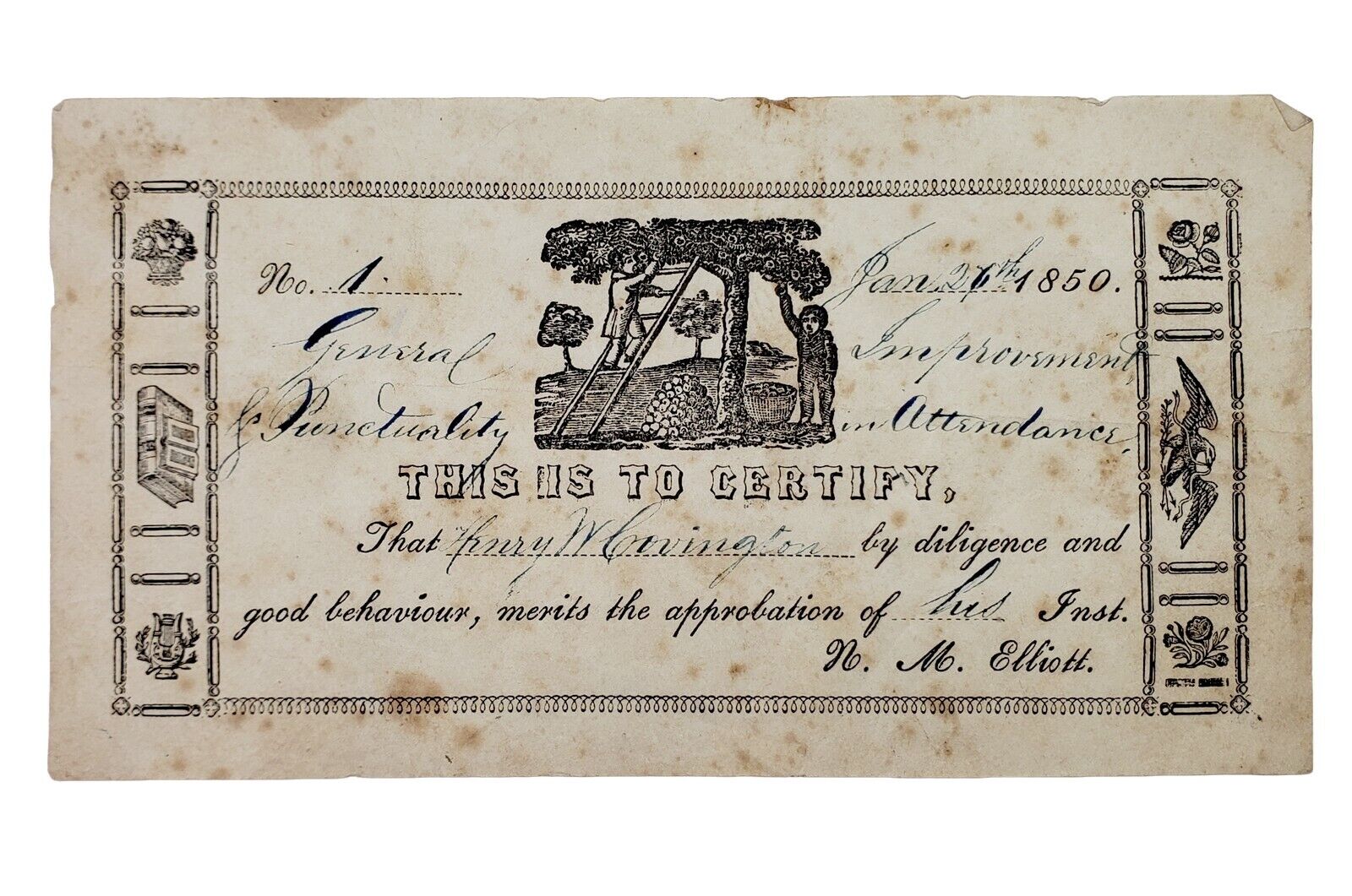 1850 School attendance award certificate - rare Americana, woodcut illustration