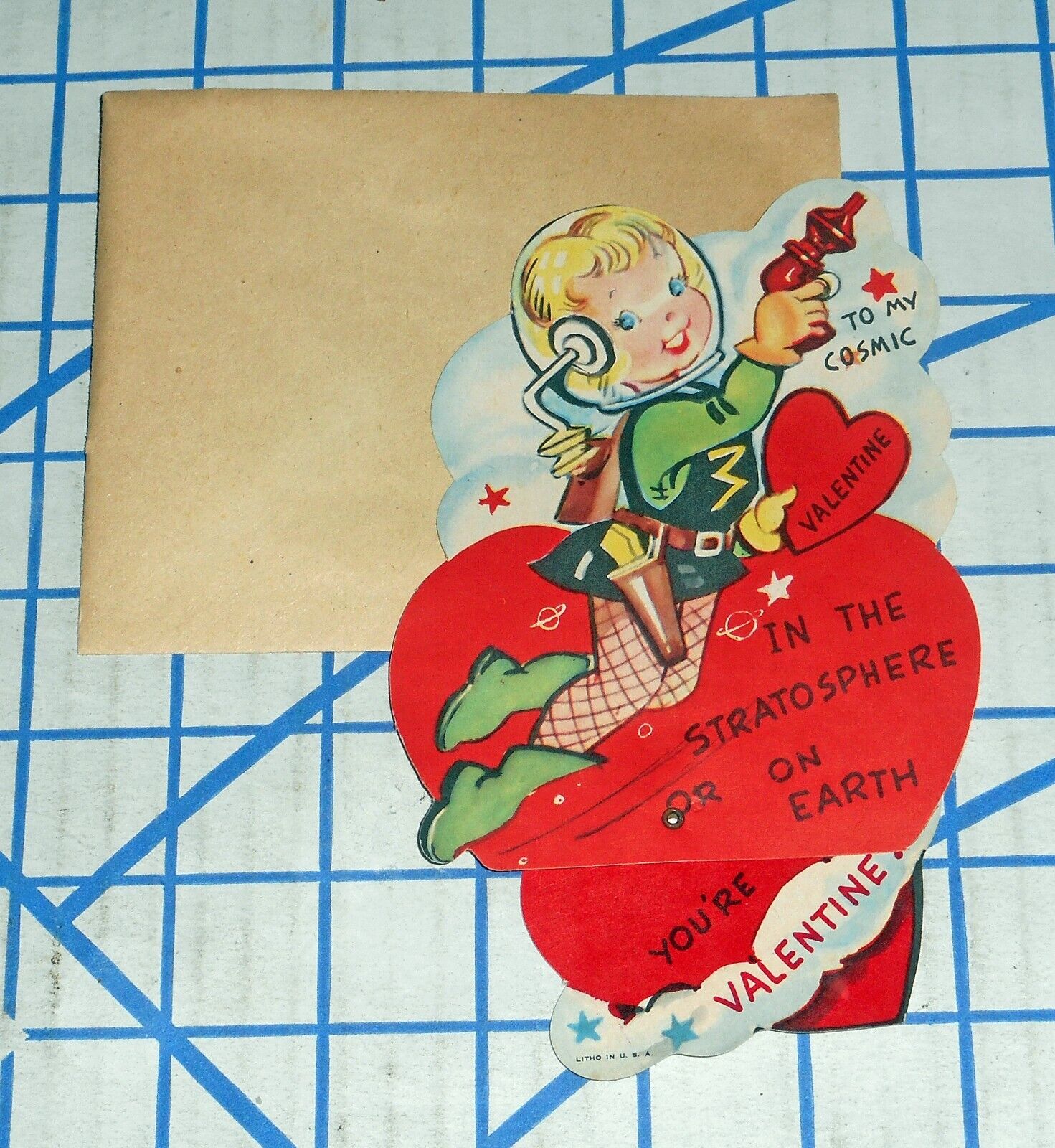 Vintage 1940s Space Girl with Ray Gun Mechanical Valentines Day Card VG