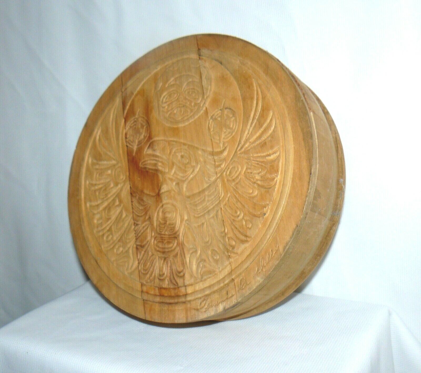 Clarence A. Well Signed Hand Carved Round Drum Box Haida Thunderbird Design