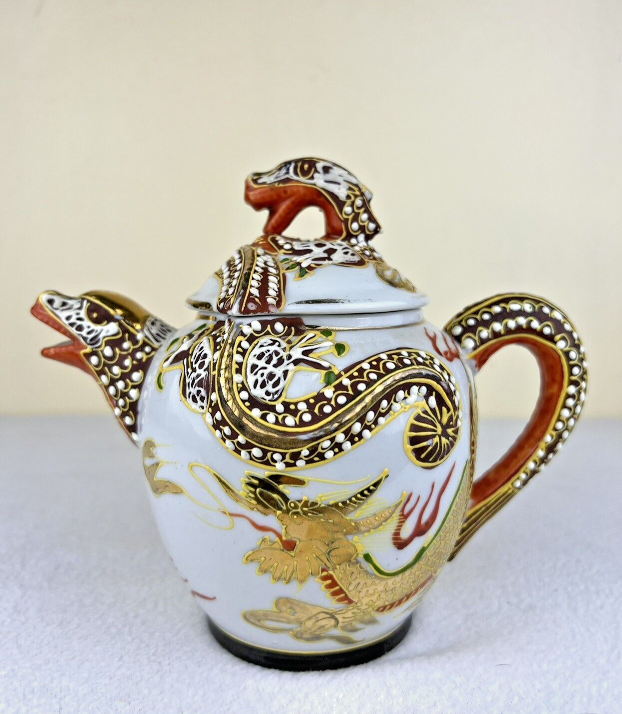 Vintage Japanese Moriage Dragonware Teapot Red & Brown Dragon Gold Gilt 7” Long