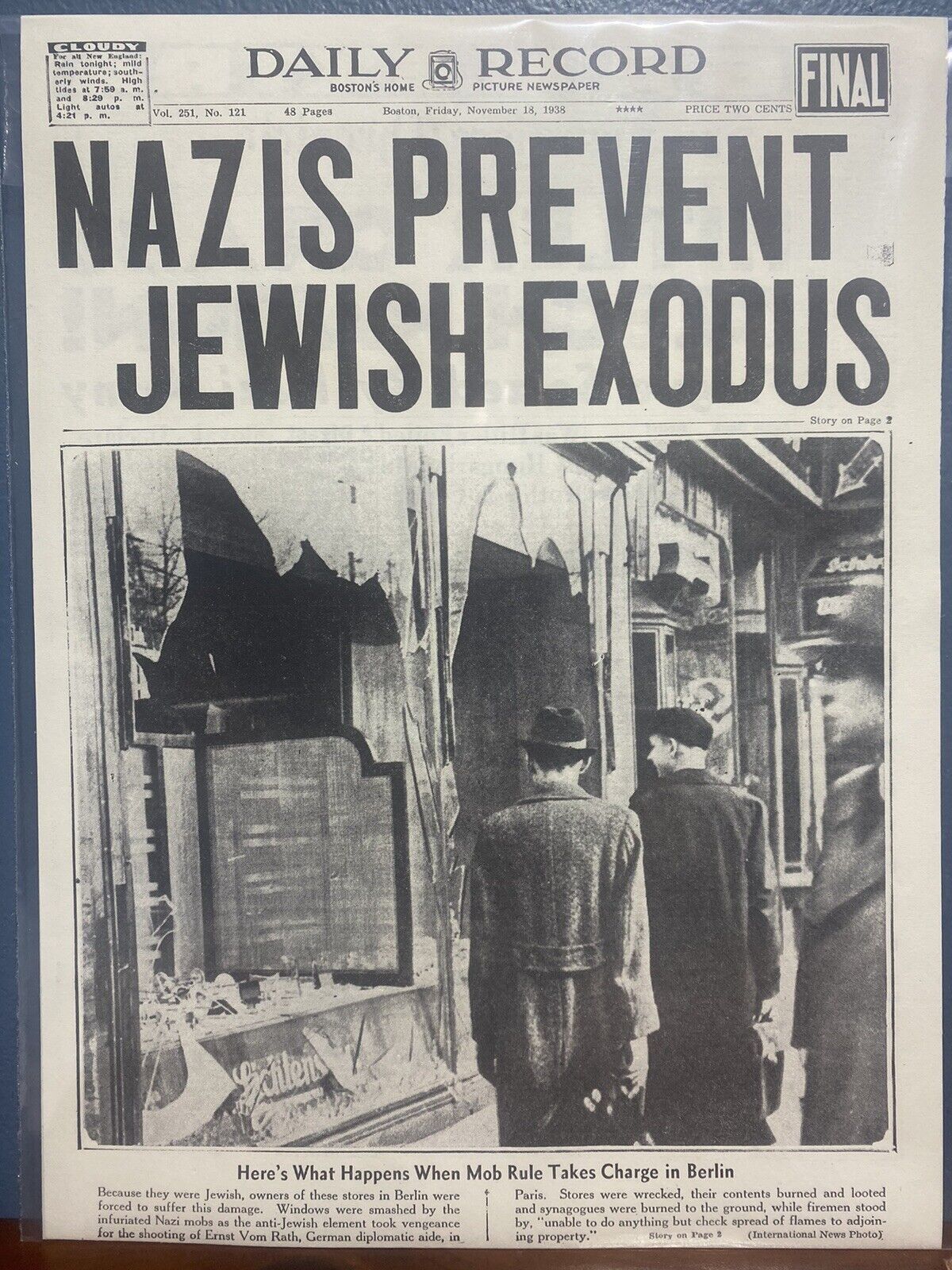 VINTAGE NEWSPAPER HEADLINE ~ NAZIS PREVENT JEWISH EXODUS WW2 BERLIN GERMANY 1938