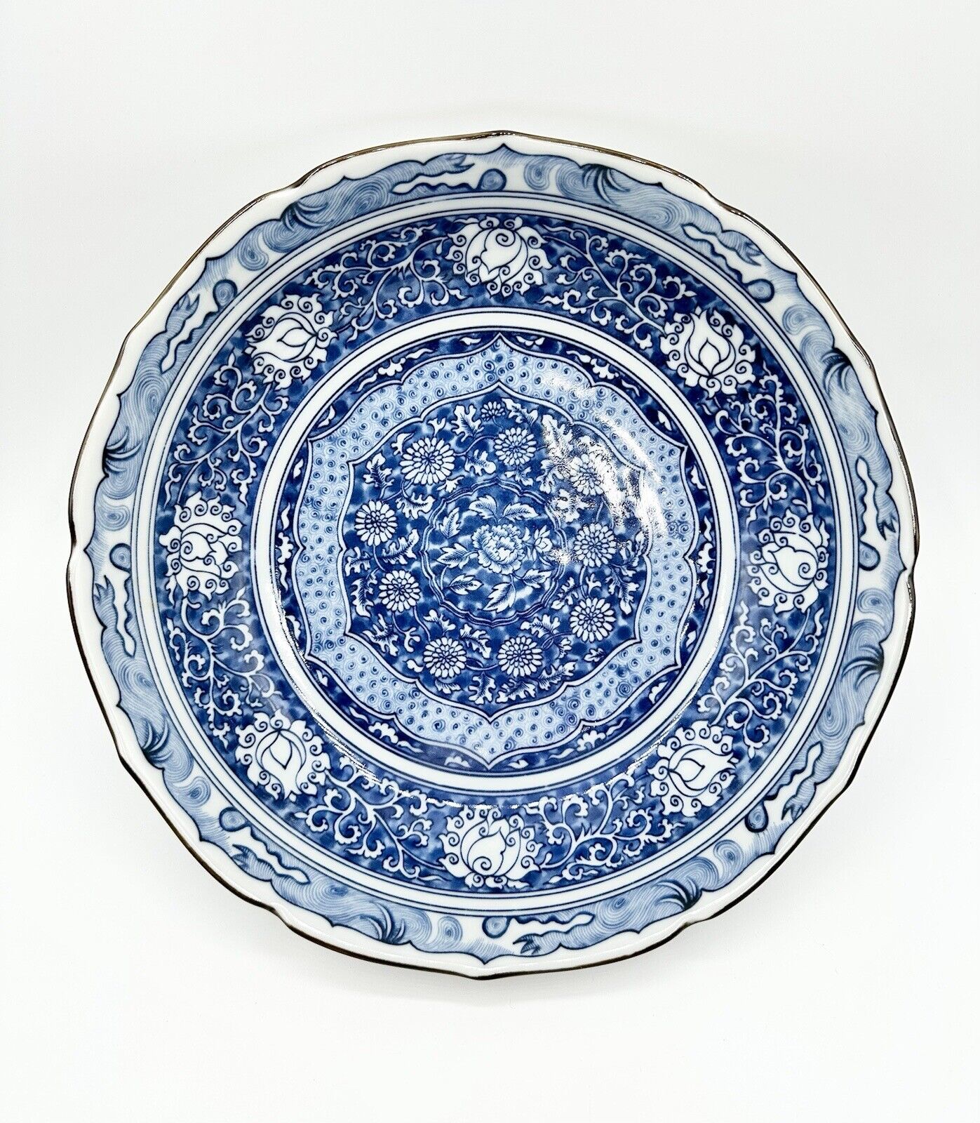 Vintage Asian Imari Style Floral Blue White Serving Bowl 10” Japanese Flowers