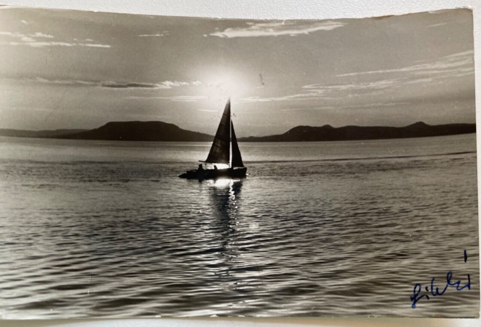 RPPC 1959 Sailboat at Sunset on Balaton Lake, Hungary Real Photo Postcard