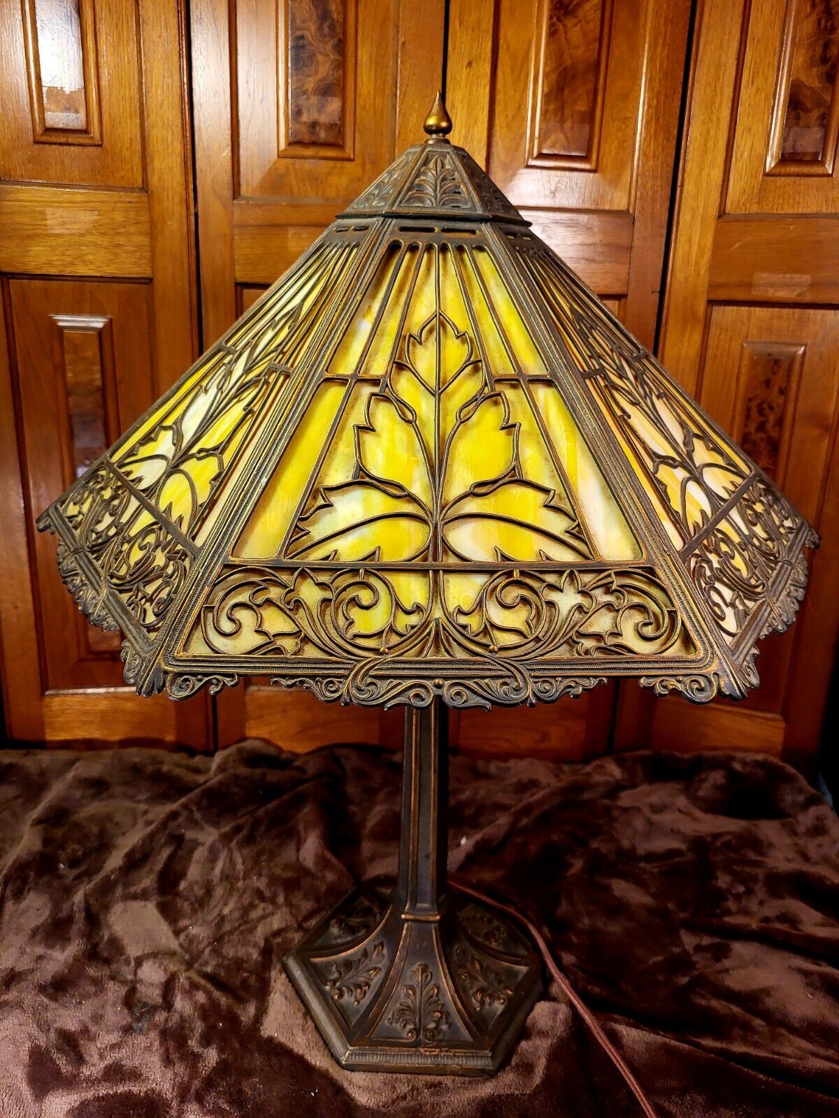 Six Sided Antique Bradley and Hubbard Slag Glass Panel Lamp