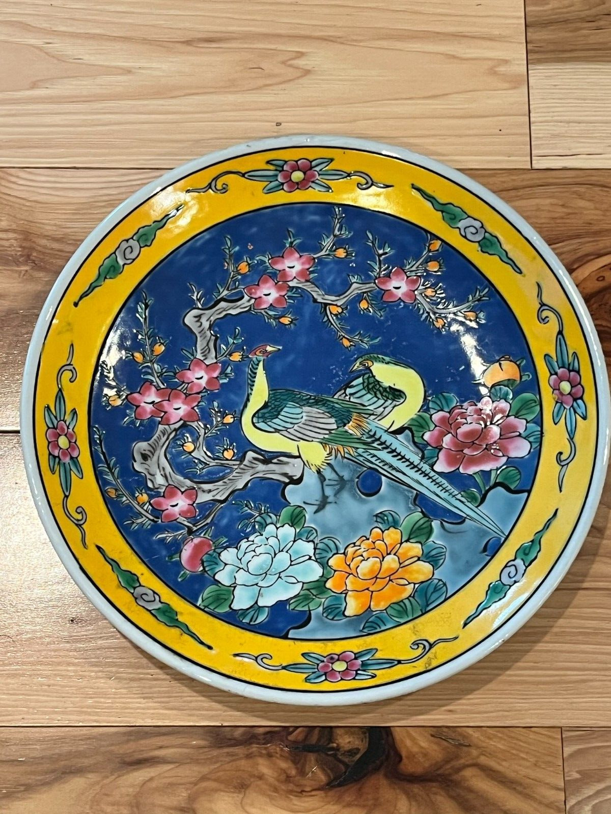 Asian Themed Decorative Plate Birds Bright Colors Ceramic 10\