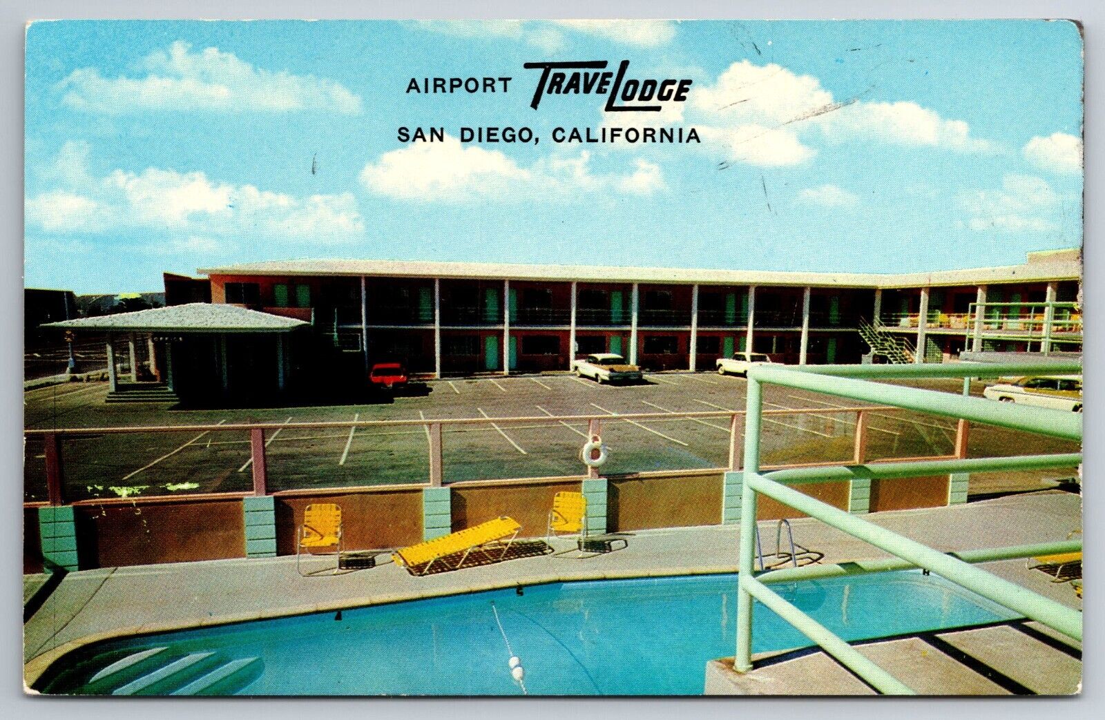 Vintage Postcard CA San Diego Airport TraveLodge 50s Cars Pool Chrome