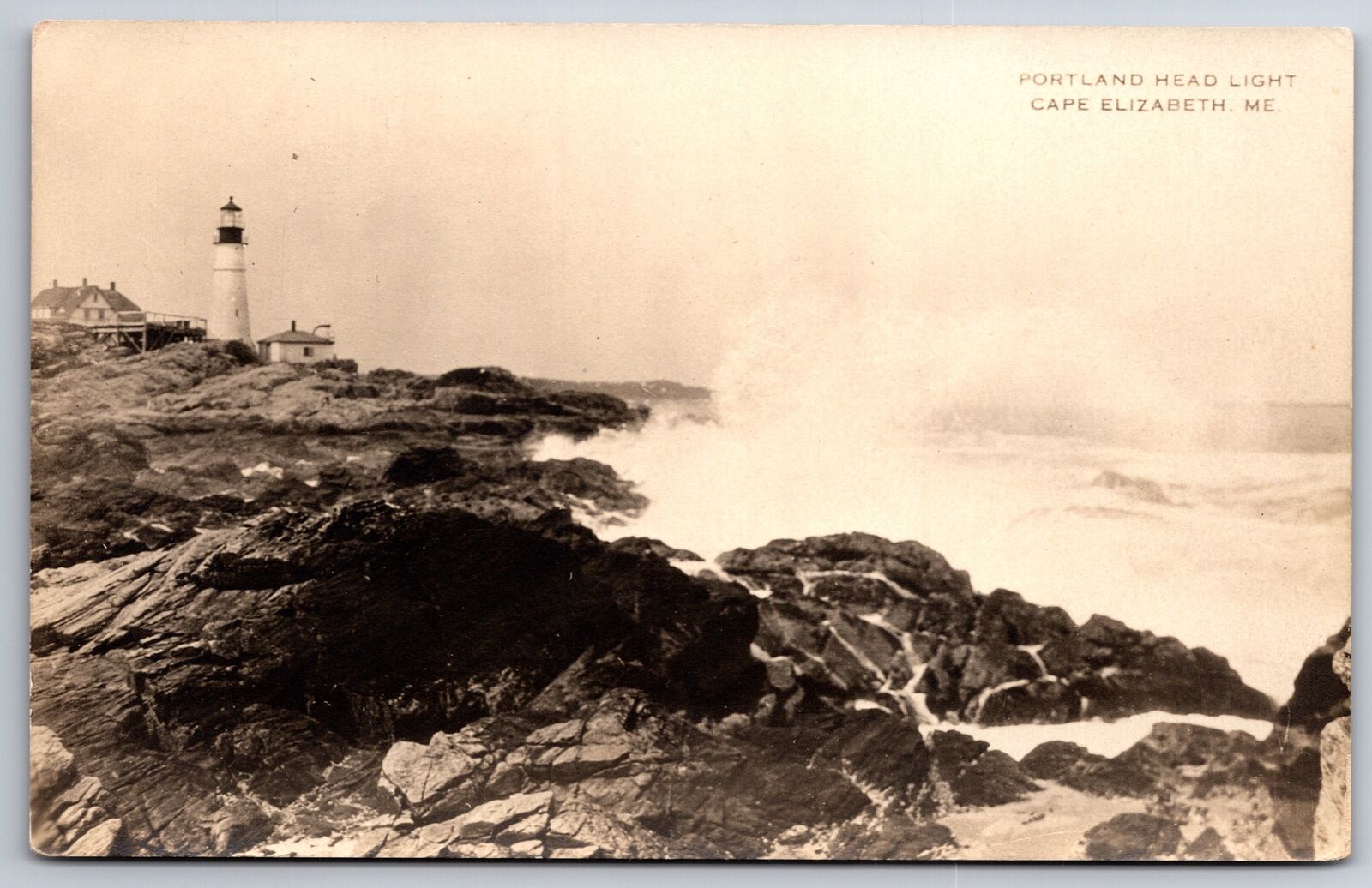 Cape Elizabeth Maine~Portland Head Lighthouse~Surf Crashes on Cliff~1920s RPPC