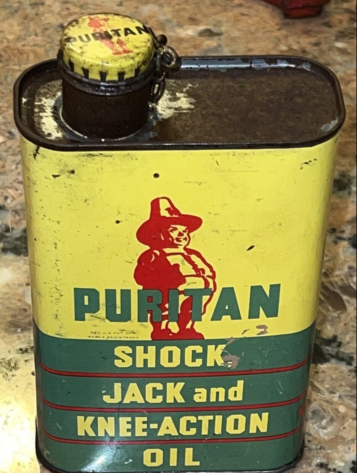 Vintage Puritan shock jack and knee action oil tin 7“ x 4“