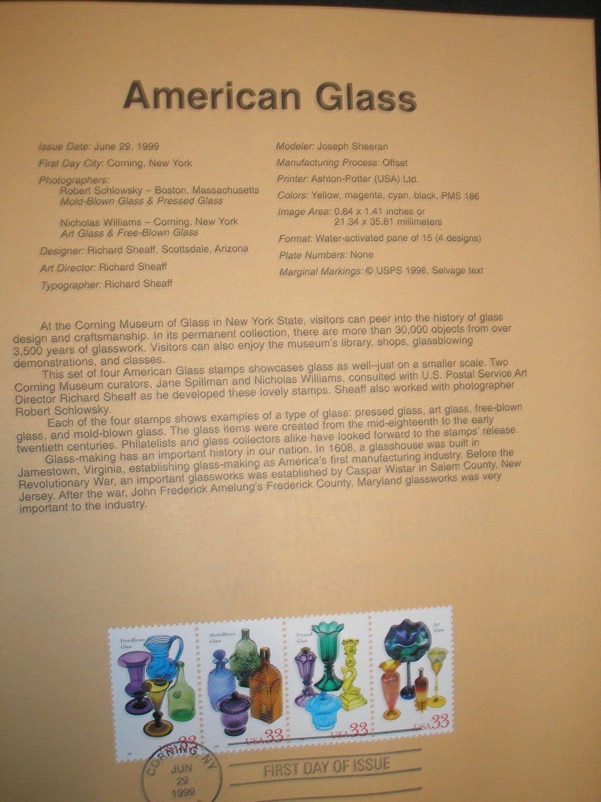 USPS Souvenir Page for .33 Scott 3328a American Glass Stamps.