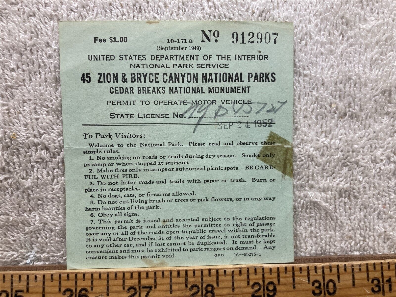 1952 45 Zion Bryce Canyon National Parks Cedar Breaks National Vehicle Permit UT