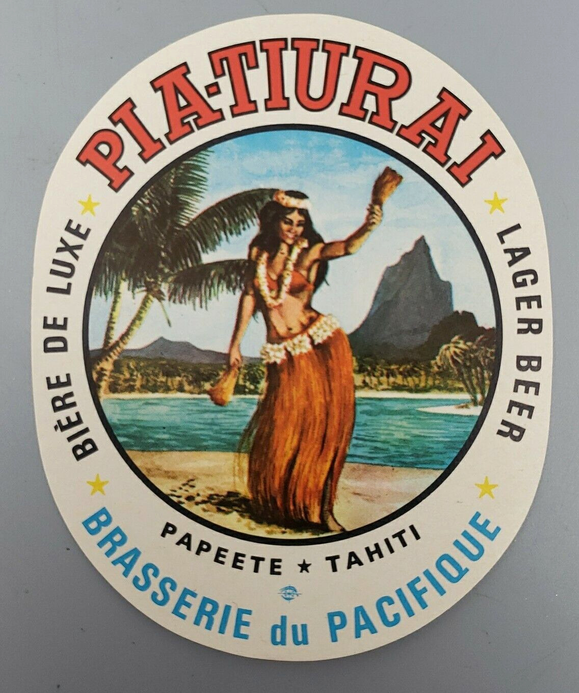 VINTAGE 60s Tahiti Beer Label - Pia-Tiurai Biere De Luxe Brasserie du Pacifique