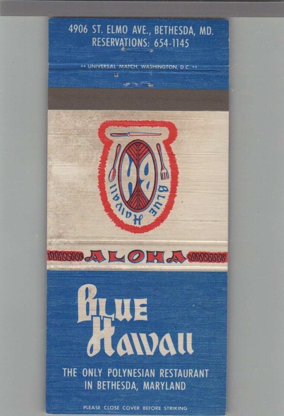 Matchbook Cover Blue Hawaii Bethesda, MD
