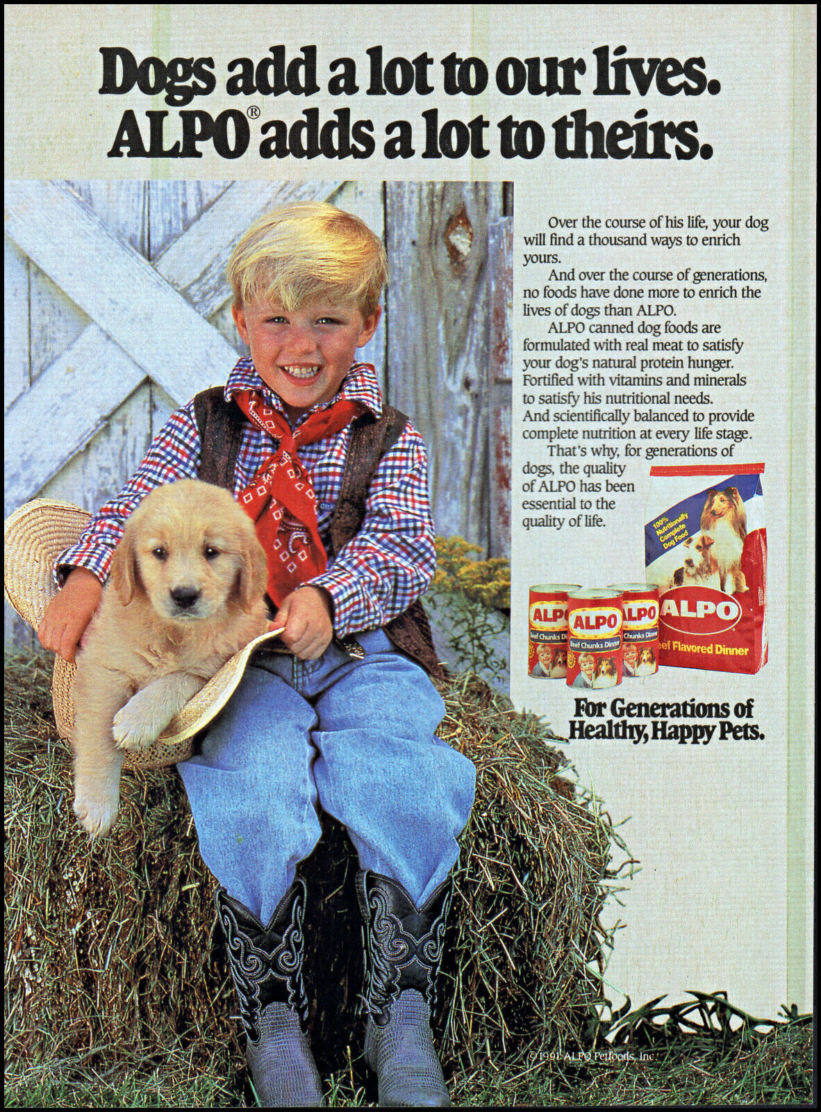 1991 Little Cowboy Golden Retriever Pup Alpo dog food retro photo print ad ads14
