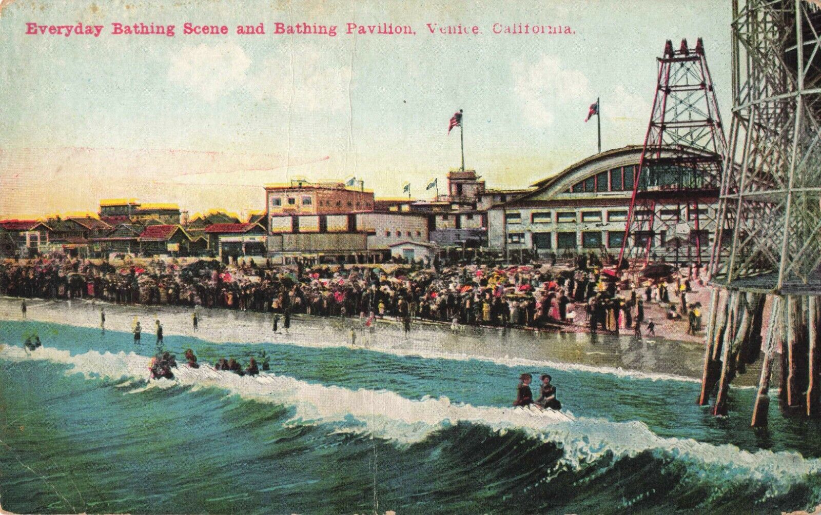 Everyday Bathing Scene & Pavilion, Venice, California CA - c1910 VTG PC