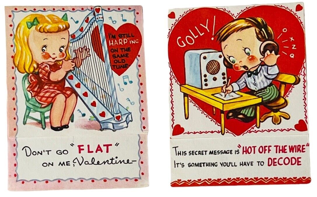 VTG VALENTINES CORDIALLY YOURS 1935 TELEGRAPH HARP TEENAGERS USA LOT OF 2 CARDS