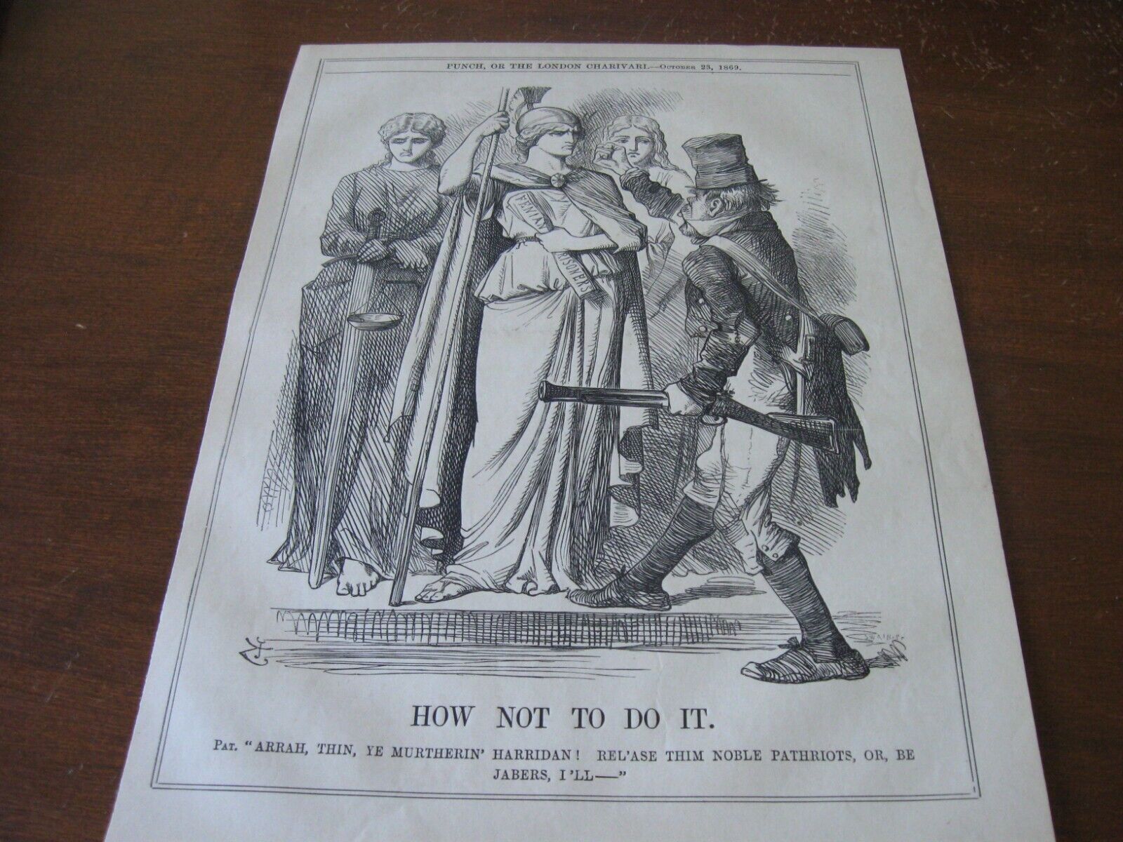 1869 Original POLITICAL CARTOON - IRISH Irishman Demands FENIAN PRISONERS Fist