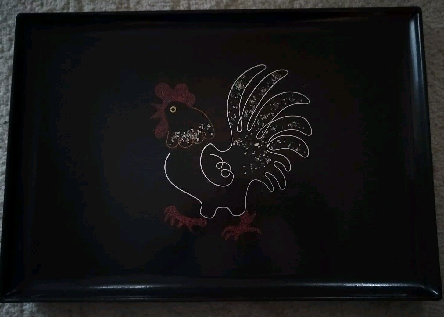 VTG MCM Couroc of Monterey Rooster Serving Tray Hand Inlaid Rooster 12x18