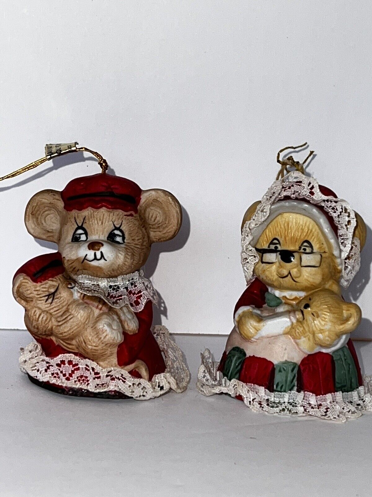 VINTAGE CHRISTMAS Jasco Caring Critters Chimers Bear Baby Bell ORNAMENTS PAIR 2