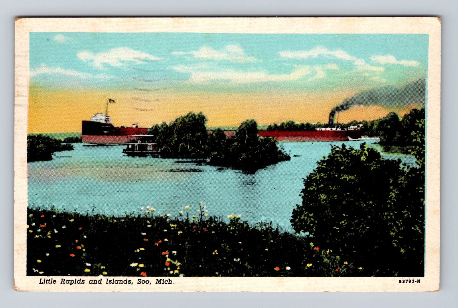 Sault St Marie MI-Michigan, Little Rapids and Islands, Vintage c1952 Postcard