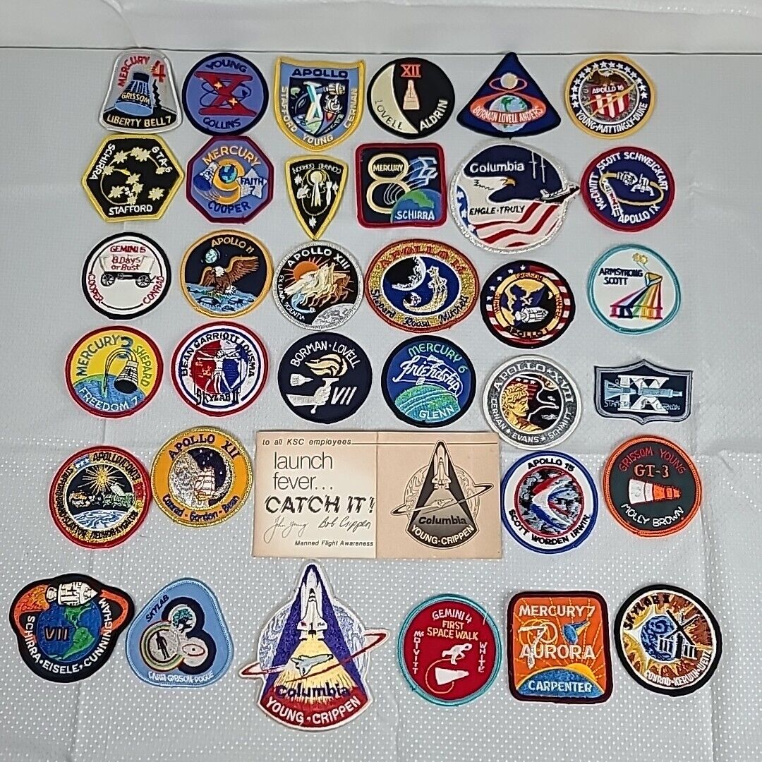 34 Vintage NASA Space Mission Patches KSC Apollo Gemini Mercury Skylab Shuttle 