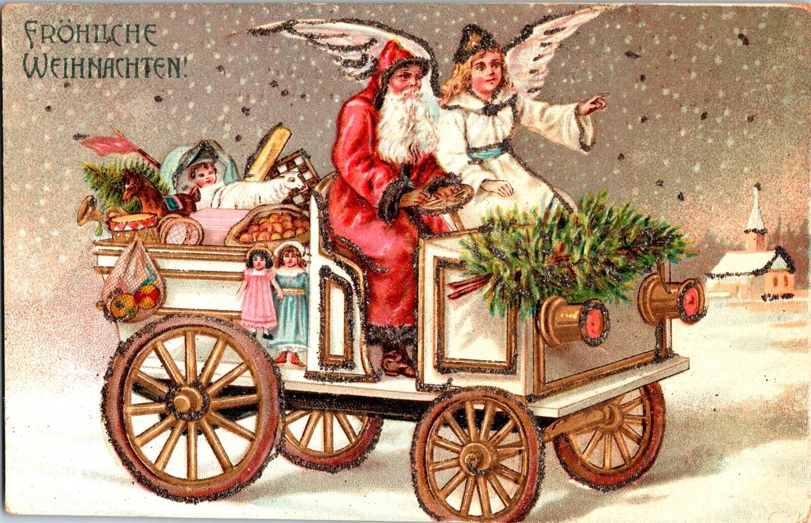 Vintage early 1900\'s Santa Claus,Antique Car,Angel & Baby Jesus Antique Postcard