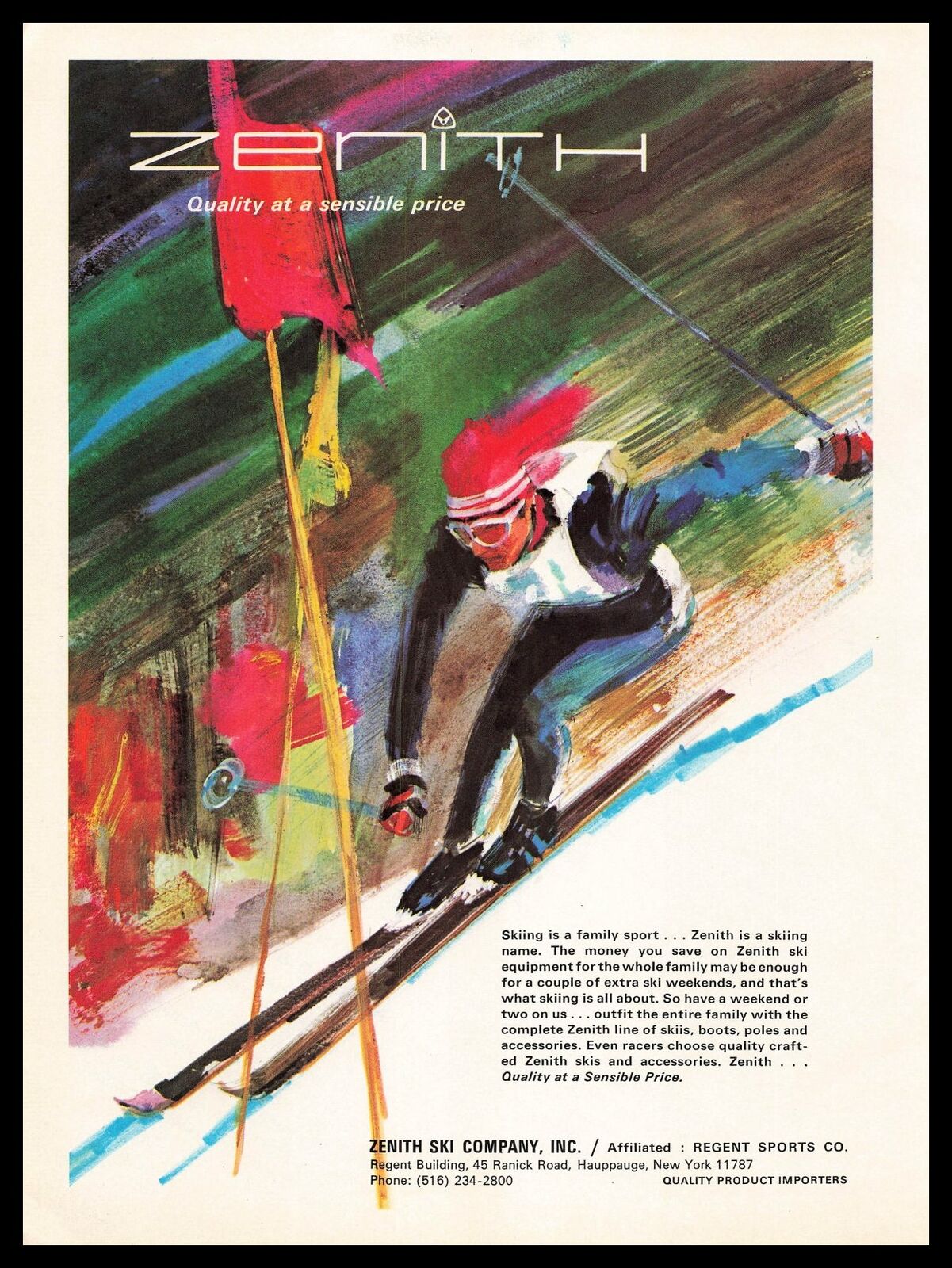 1968 Zenith Ski Company Regent Sports Hauppauge New York Watercolor Art Print Ad