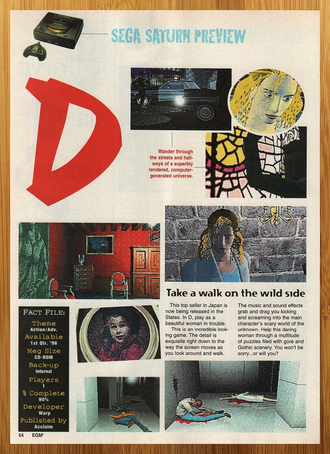 1995 D Sega Saturn PREVIEW Print Ad/Poster Survival Horror Video Game Promo Art