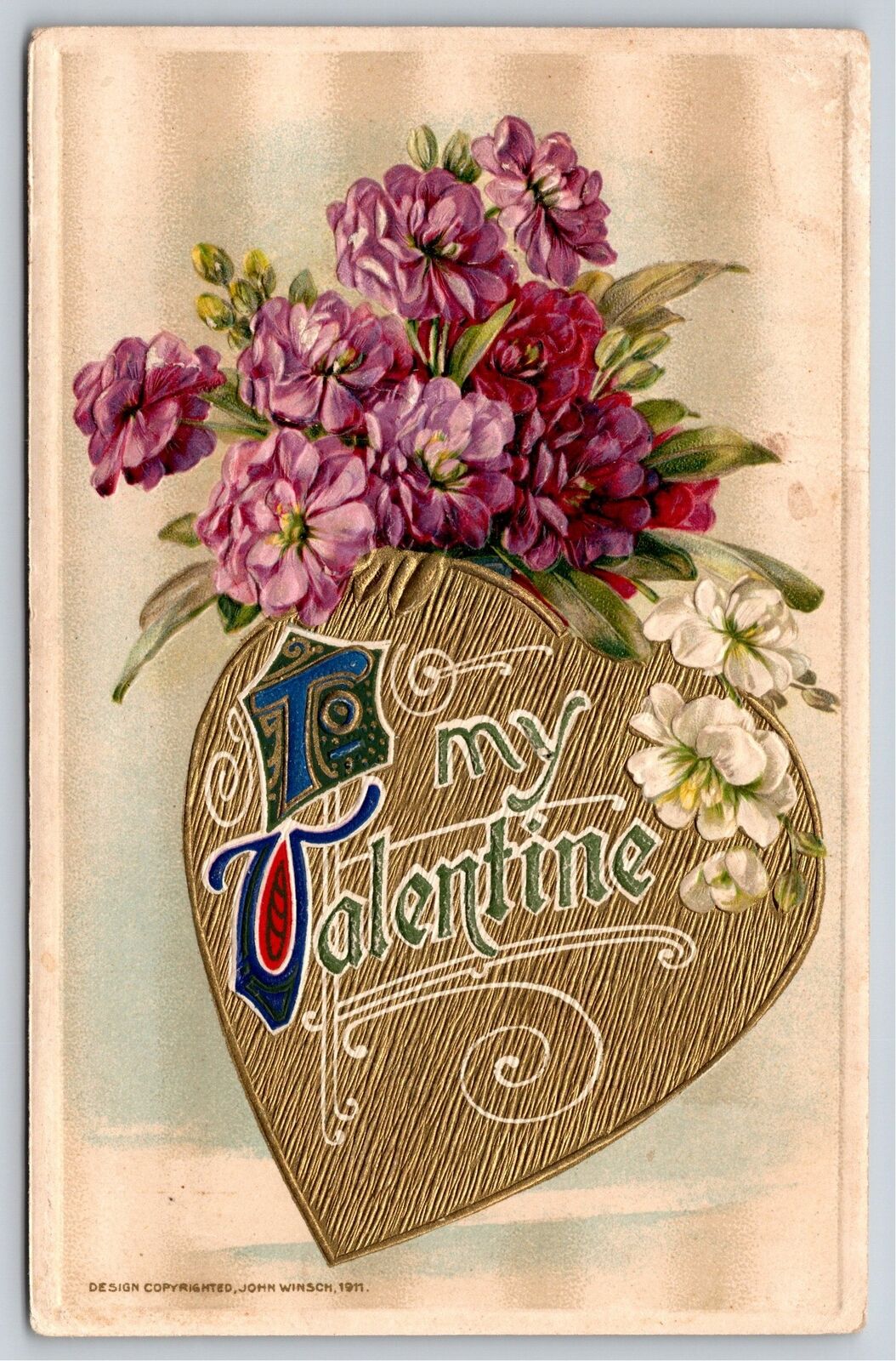 John Winsch Valentine~Purple White Flowers In Lg Textured Gold Heart~Emb~1912 PC