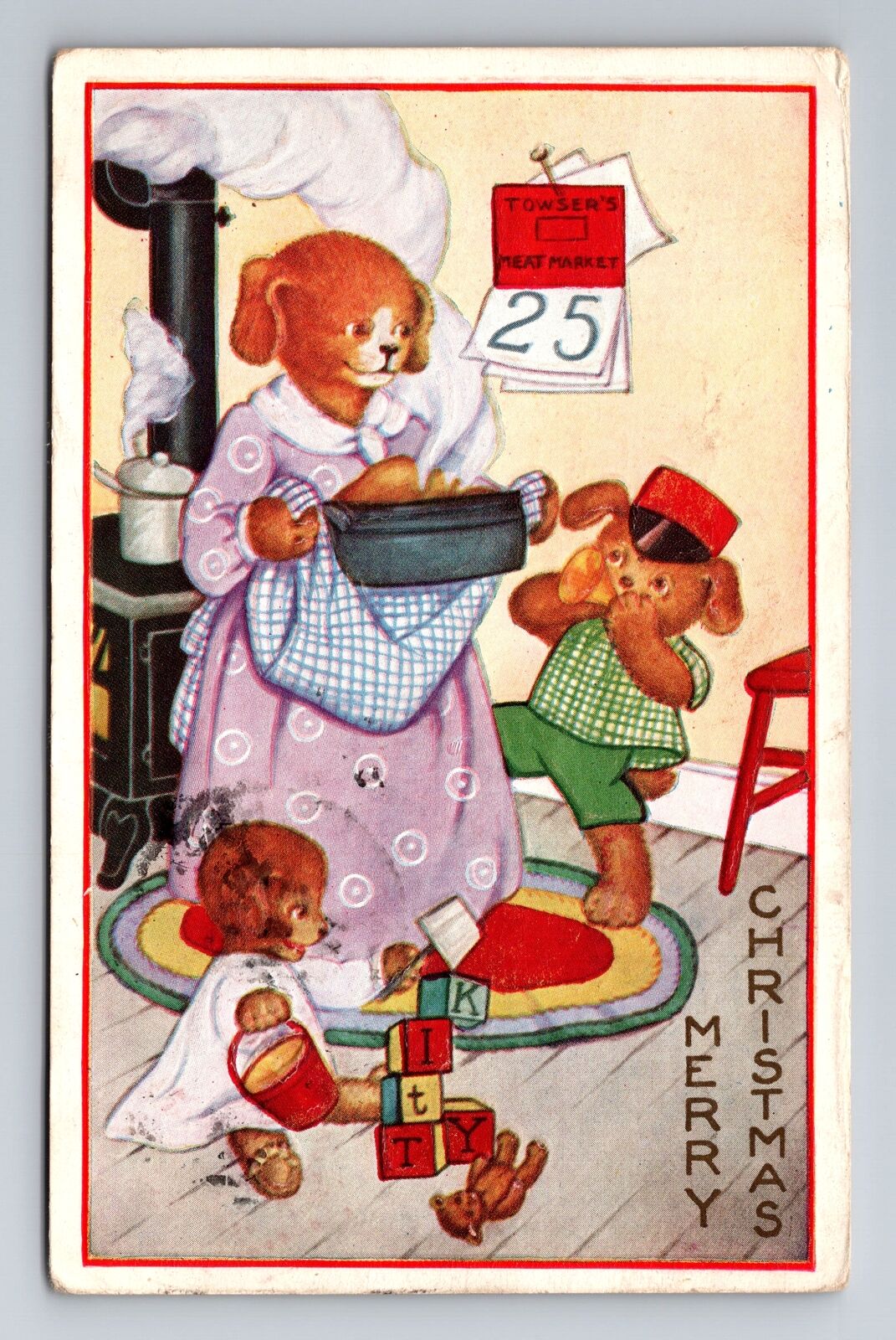 Merry Christmas, Bear Family Cooking, Embossed, Vintage c1938 Postcard