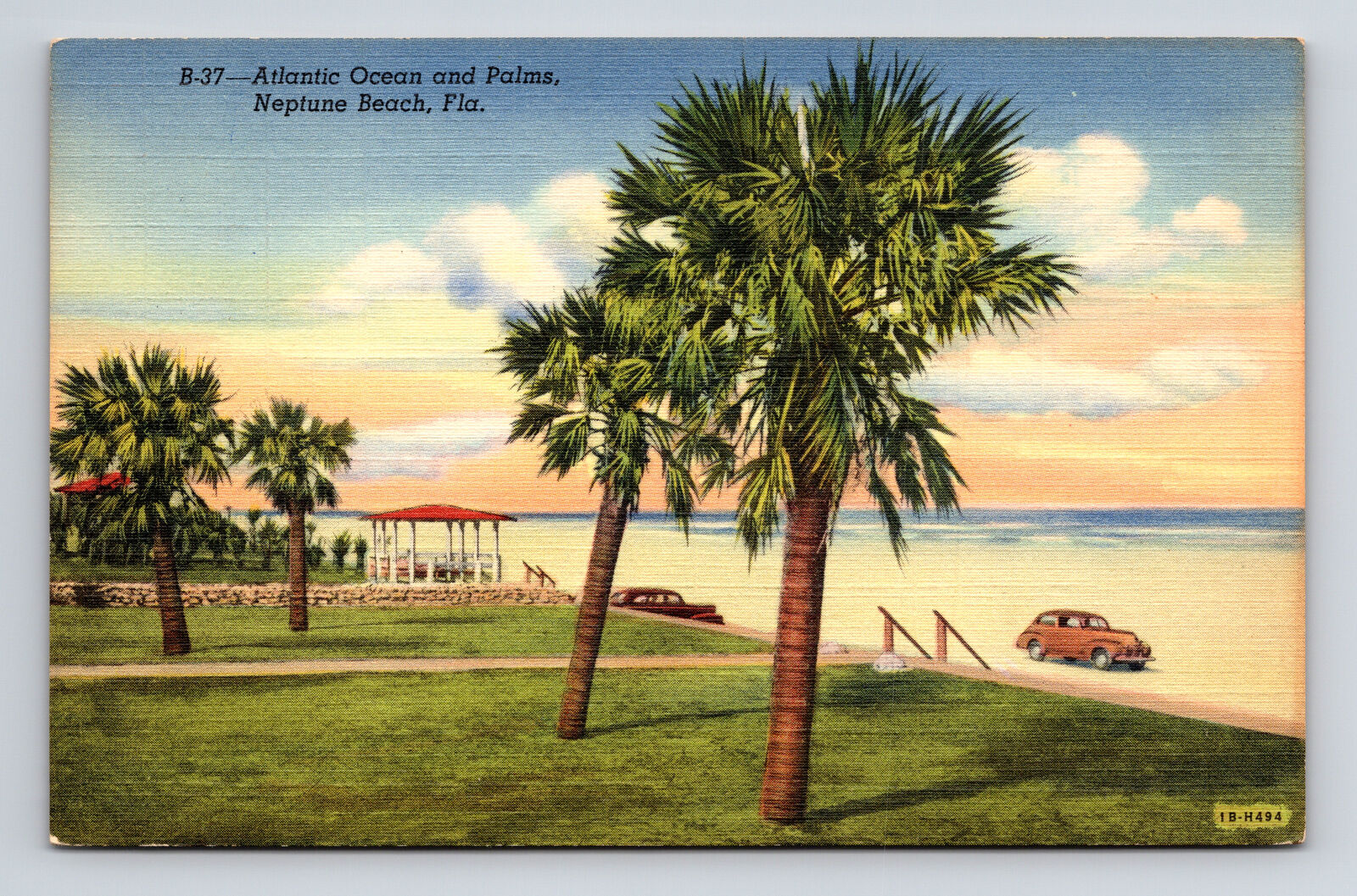c1941 Linen Postcard Neptune Beach FL Florida Atlantic Ocean and Palms Cars