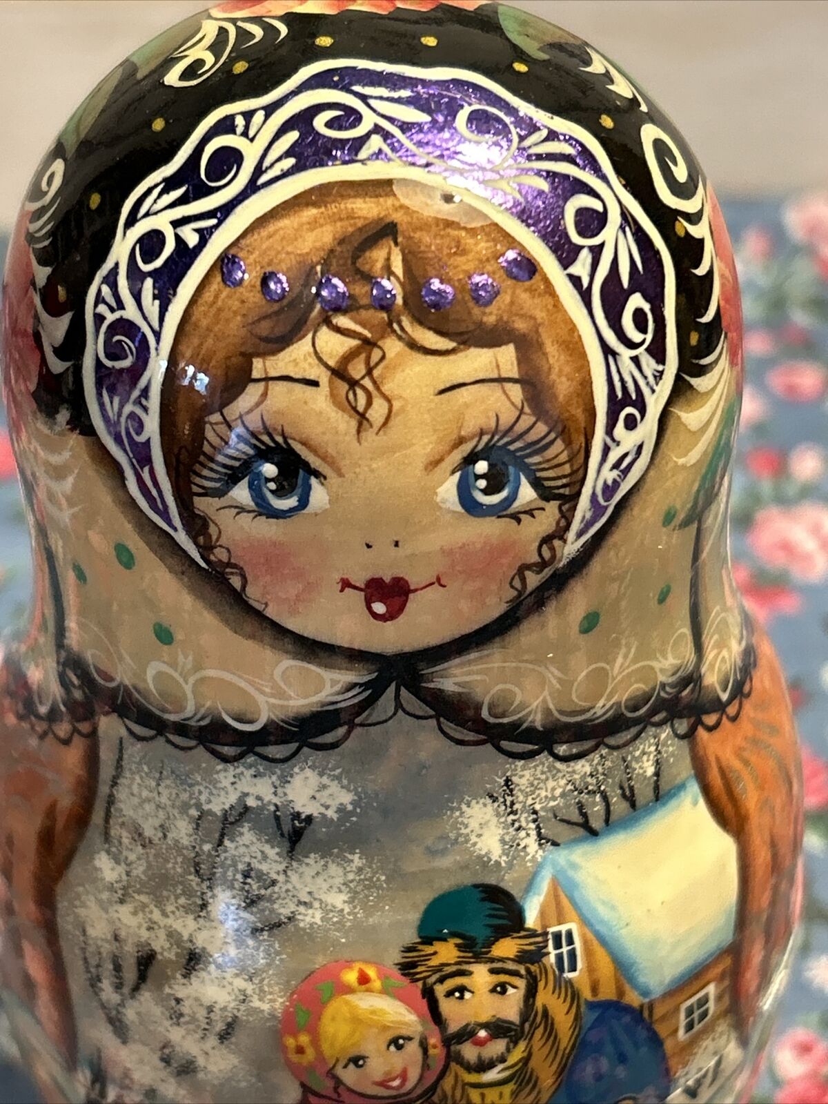 Vintage Russian Winter Fairytale Nesting DOLL Hand Painted Signed 6” - 5 Pce