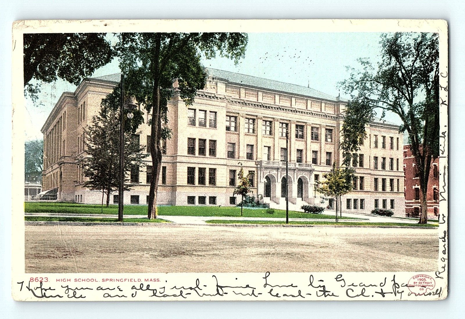 High School Springfield Massachusetts 1909 Street View Antique Postcard D5