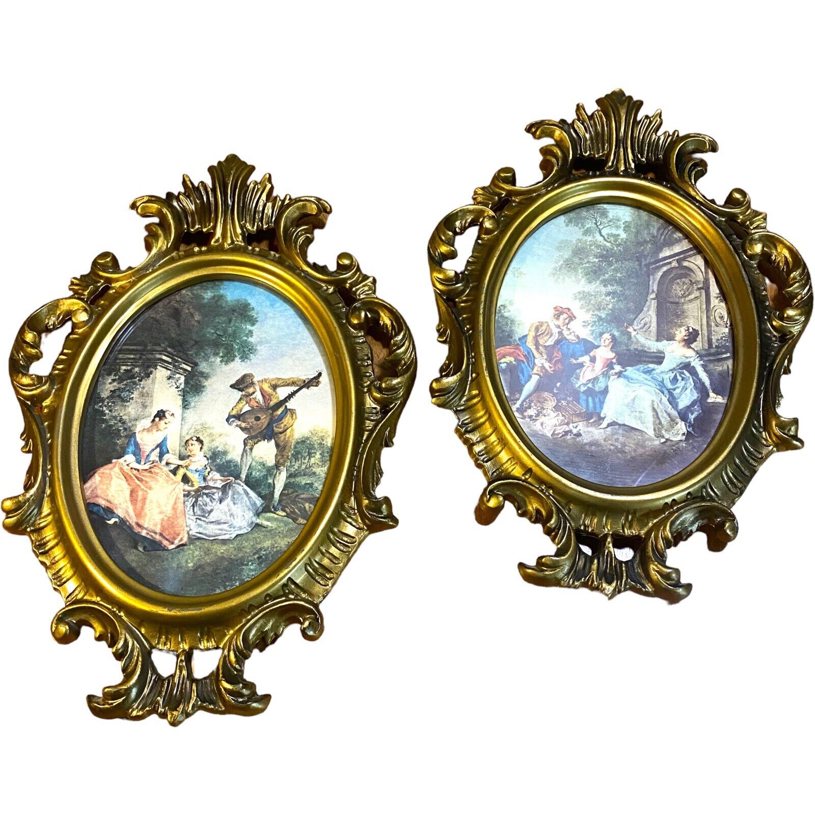 Vtg Victorian Courting Couple Gold Resin Oval Frame Wall Decor Raised Plaque Set