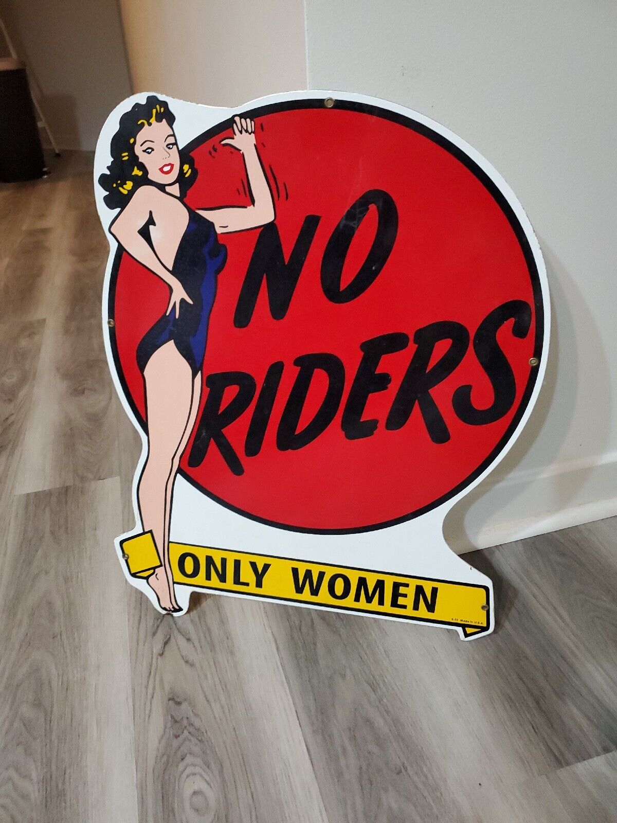 Vintage No Riders Sign Metal Porcelain Only Women Hitchhiker Gas Oil Beach Soda