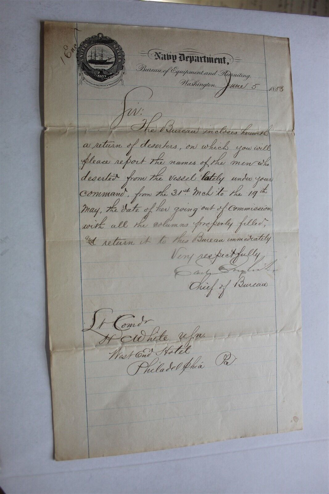 NAVY DEPT DOCUMENT 1883 - COMDR EARL ENGLISH AUTOGRAPHED ON OFFICIAL DOC