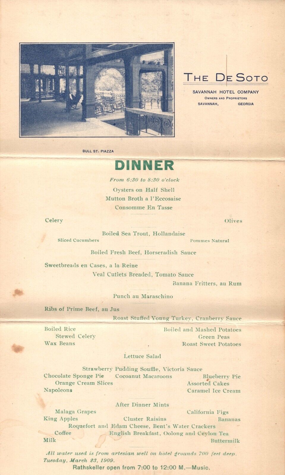 1909 Dinner Menu from The De Soto Savannah Hotel Company Georgia Folded