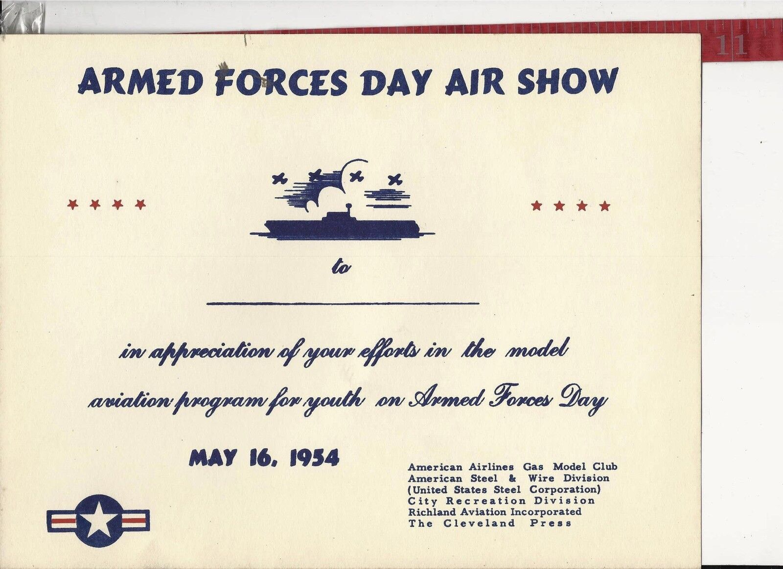 Vintage 1954 Armed Forces Day Air Show Certificate of Appreciation 