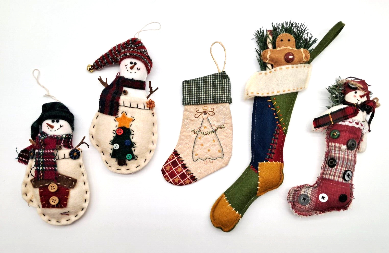 Lot of 5 Vintage Handmade Christmas Ornaments granny core snowman stockings